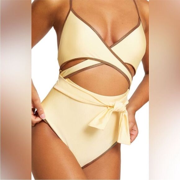 River Island Other - River Island NWT Yellow Foil Trim Wrap Front Tie Waist
One-Piece Swimsuit Sz 4